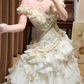 Vintage Off-Shoulder Layered Ruffles Lace & Pearl for Timeless Elegance Wedding Dress DP7252