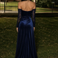Elegant Navy Blue Off‑the‑Shoulder Satin Lace Corset Long Sleeves High Slit Prom Dress DP8830