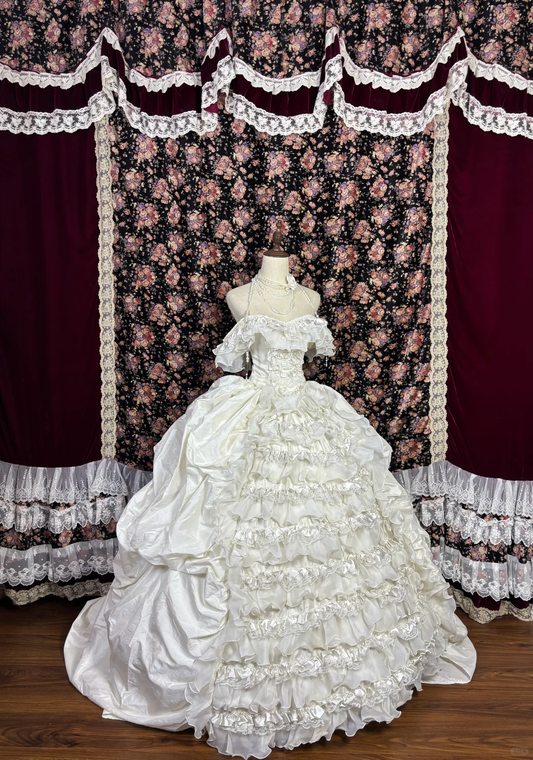 Glamorous Ivory Off-the-Shoulder Ruffled Layered Satin Wedding Dress DP7347