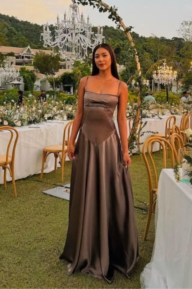 Elegant Brown Spaghetti Straps A-Line Satin Long Prom Party Dress DP38