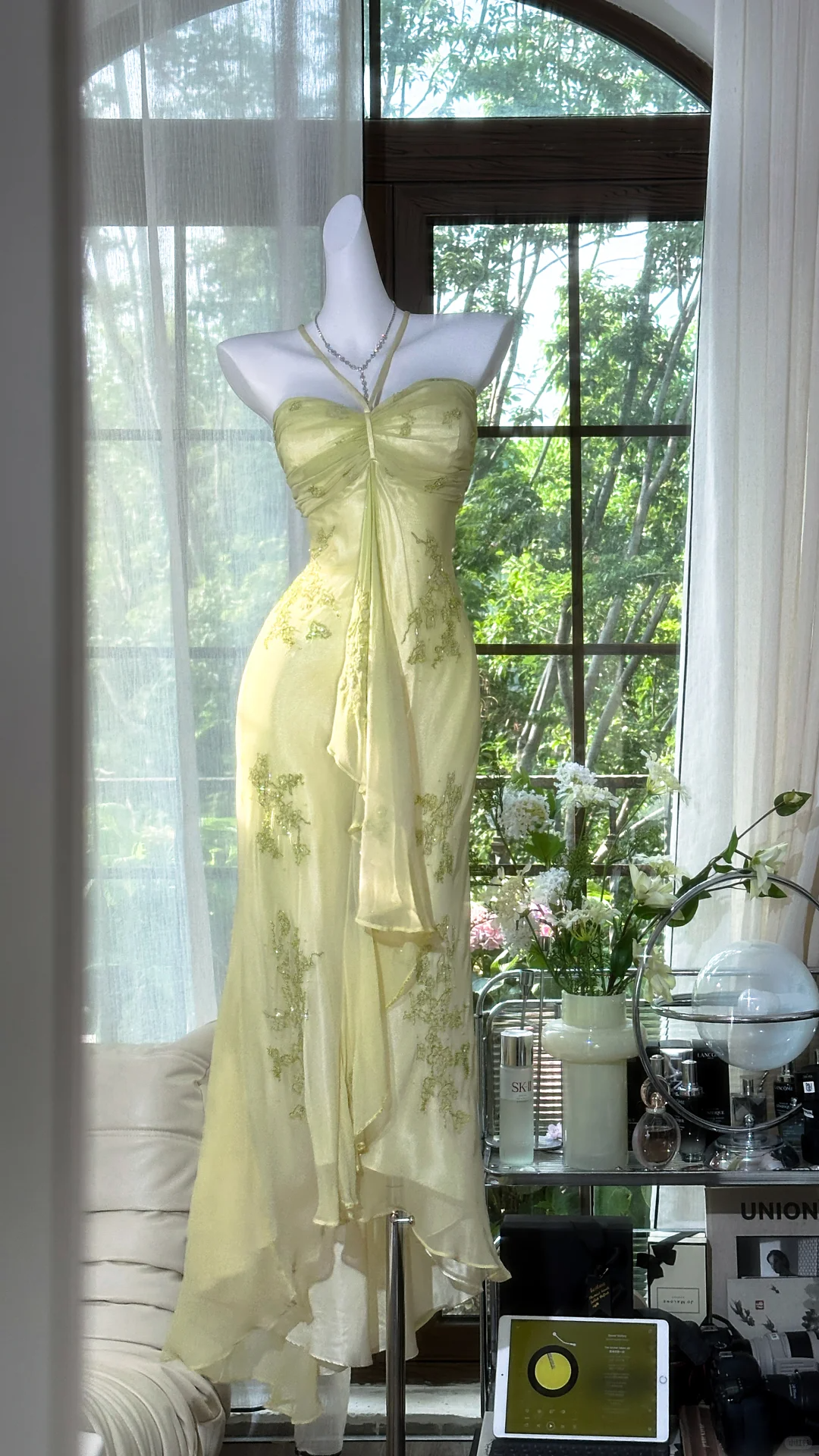 Shiny Light Green Sequined Spaghetti Strap Design Chiffon Prom Dress Evening Dress DP6239