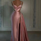 Vintage Sheath Satin Prom Dress Beaded Straps Evening Dress Slit Party Dress Long Formal Dress DP6865