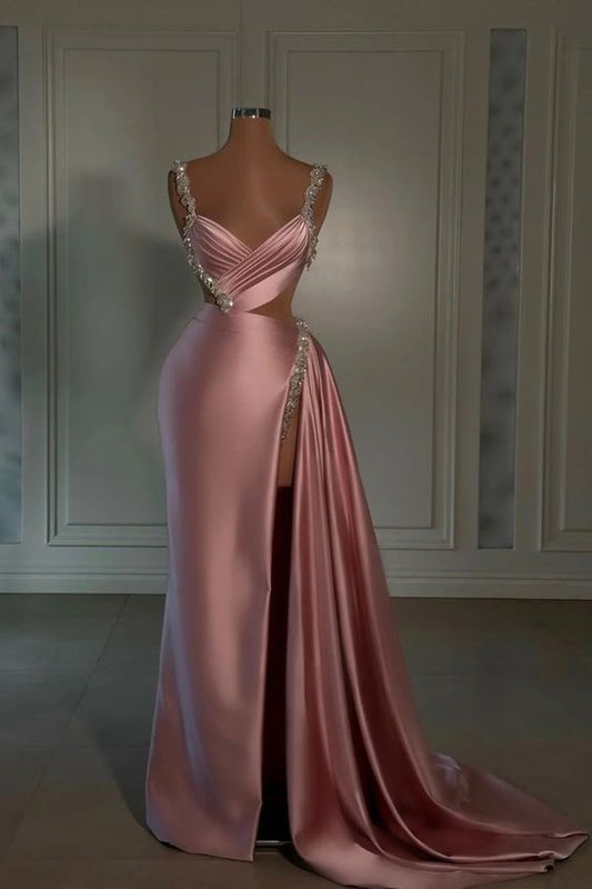 Vintage Sheath Satin Prom Dress Beaded Straps Evening Dress Slit Party Dress Long Formal Dress DP6865
