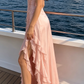 Elegant Pink Satin Cowl Neck Lace Up Back Ruffled Spaghetti Strap High Slit Formal Evening Gown DP8468