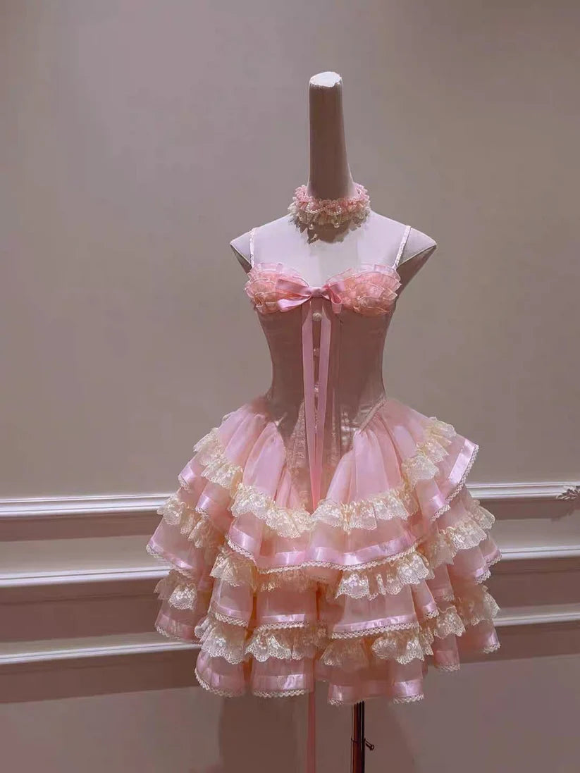 Cute Pink Tiered Lace Sweetheart Ruffled Bow Detail Spaghetti Strap Mini Homecoming Dress DP8490