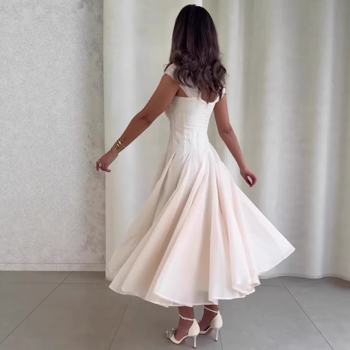 Glamorous Pink Chiffon Midi Dress Square Neck Cap Sleeve A-Line Formal Evening Gown DP8242