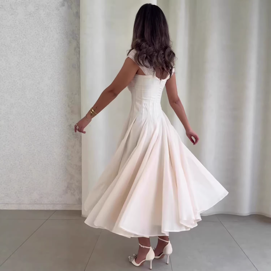Glamorous Pink Chiffon Midi Dress Square Neck Cap Sleeve A-Line Formal Evening Gown DP8242