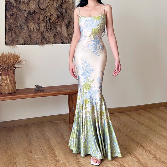 Elegant Floral Spaghetti Strap Mermaid Long Summer Dress Prom Dress Evening Dress DP6406
