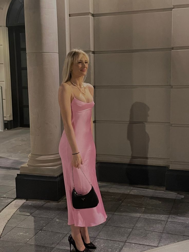 Pink Spaghetti Straps Satin Long Party Dress Wedding Guest Dress, DP3385