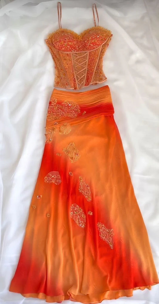Vintage Orange Ombre Sweetheart A-Linie Zweiteiler Ballkleid Perlenbesetztes Chiffon Spaghettiträger Formales Kleid, DP6549