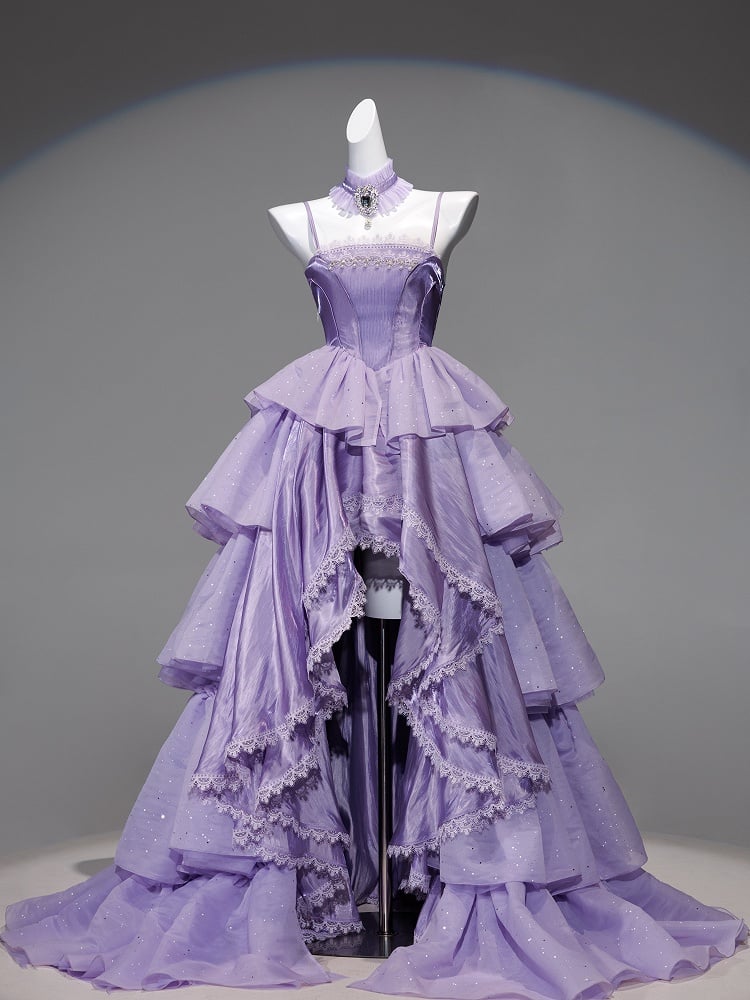 Chic Lavender Tulle Tiered High-Low Evening Gown Lace Trim A-Line Prom Dress  DP7870