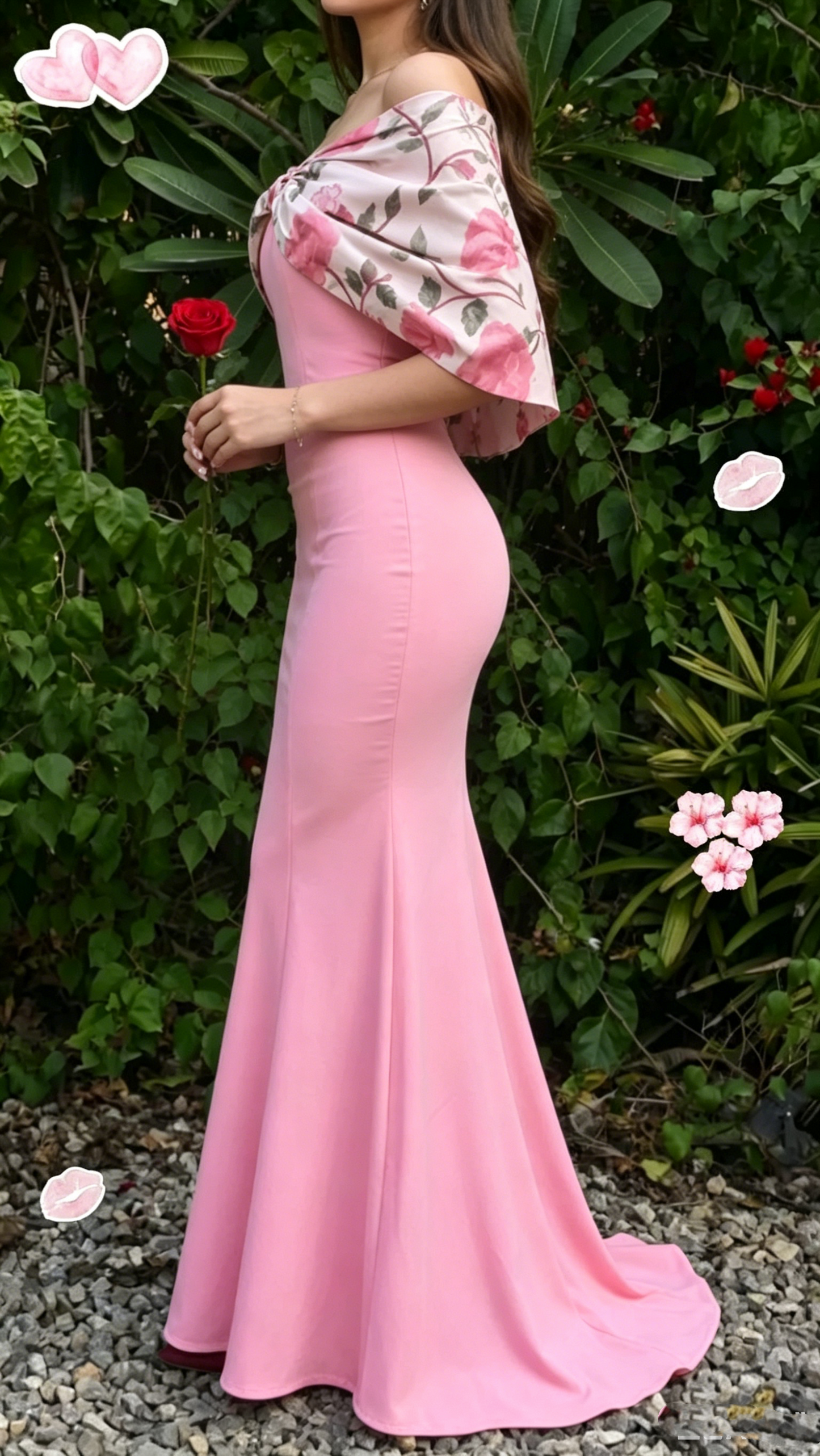 Elegant Pink Mermaid Floral Print Off-the-Shoulder Evening Gown Party Dress DP8581