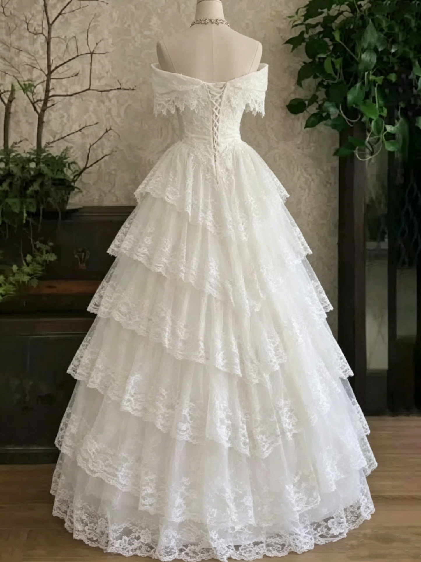 Romantic Ivory Off-the-Shoulder Tiered Lace A-Line Wedding Dress DP8616