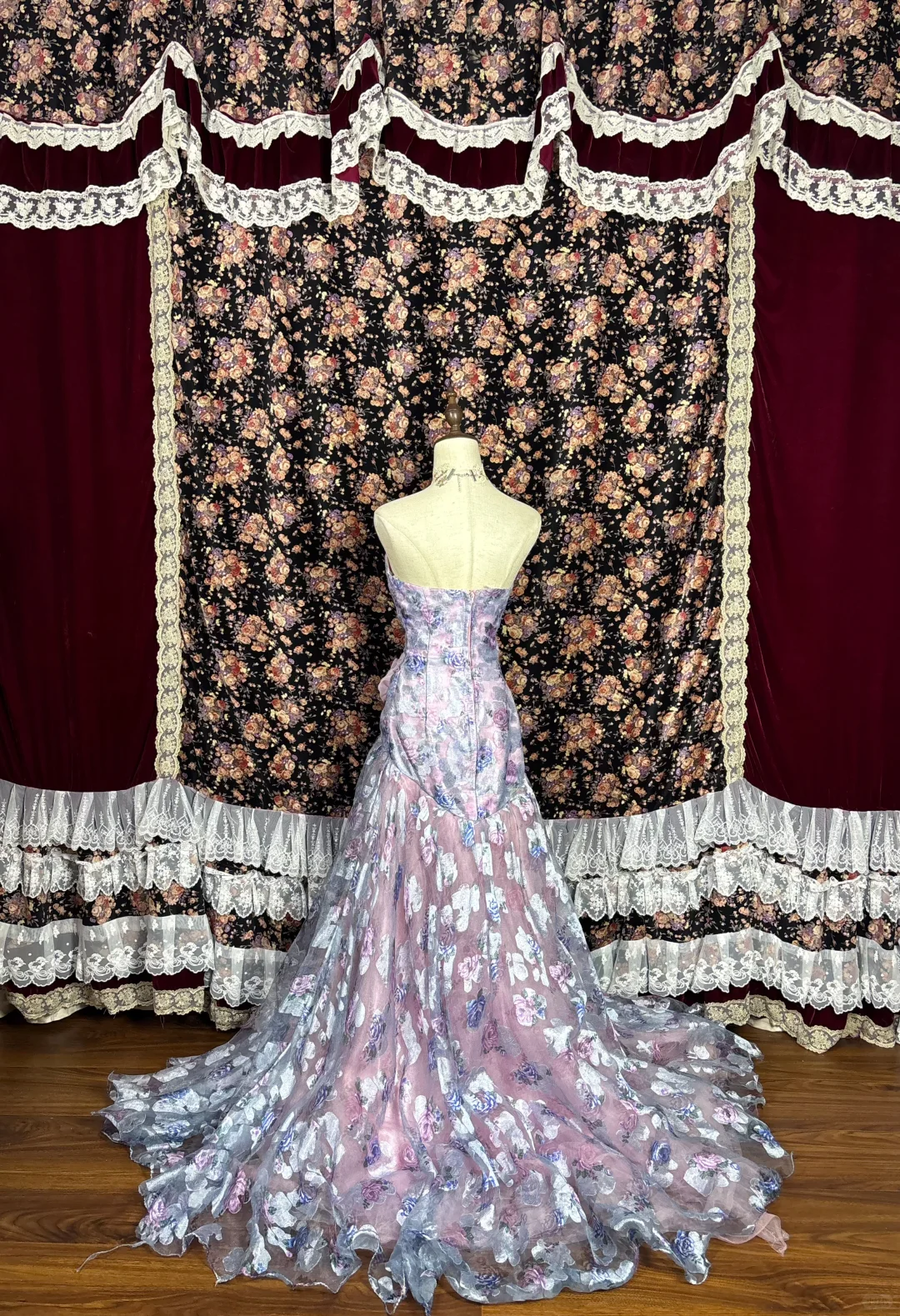 Vintage Pink Floral Strapless Ruffled Tulle 3D Rose Formal Evening Gown DP7349