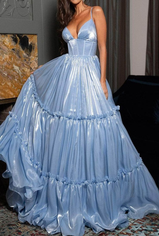 Elegant Shiny Tiered V-Neck Spaghetti Straps Evening Gown Prom Dress DP8163