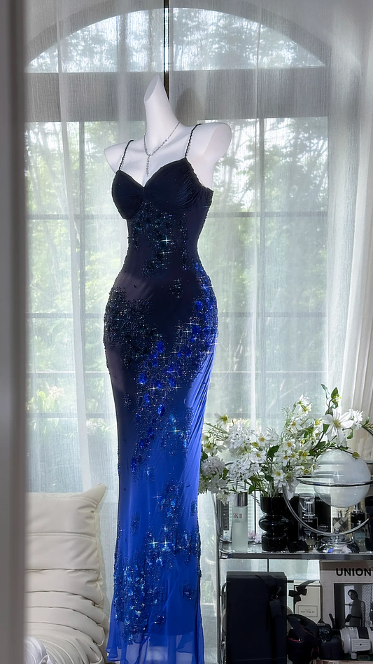 Gorgeous Navy Blue Sparkling Beaded V-neck Elegant Mermaid Chiffon Evening Dress Prom Dresses DP6145