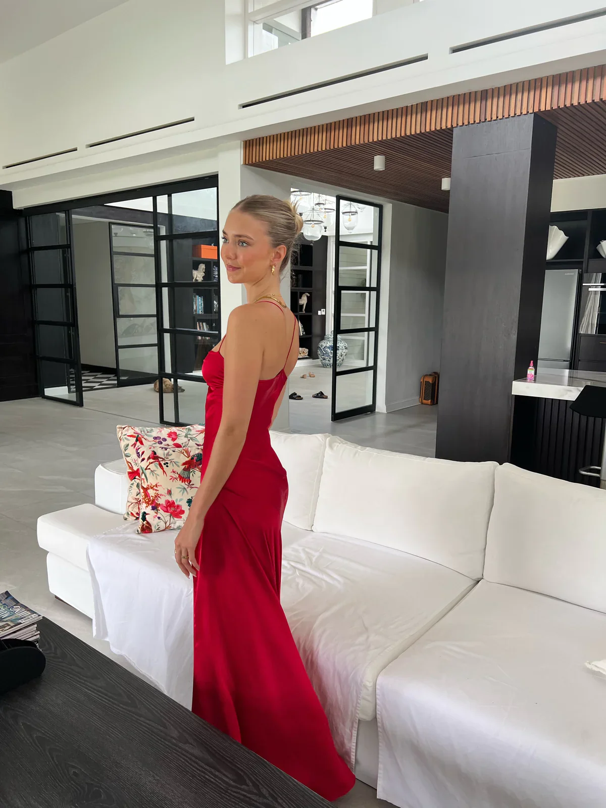 Charming Red Straps Satin Long Party Dress with Split, DP2759