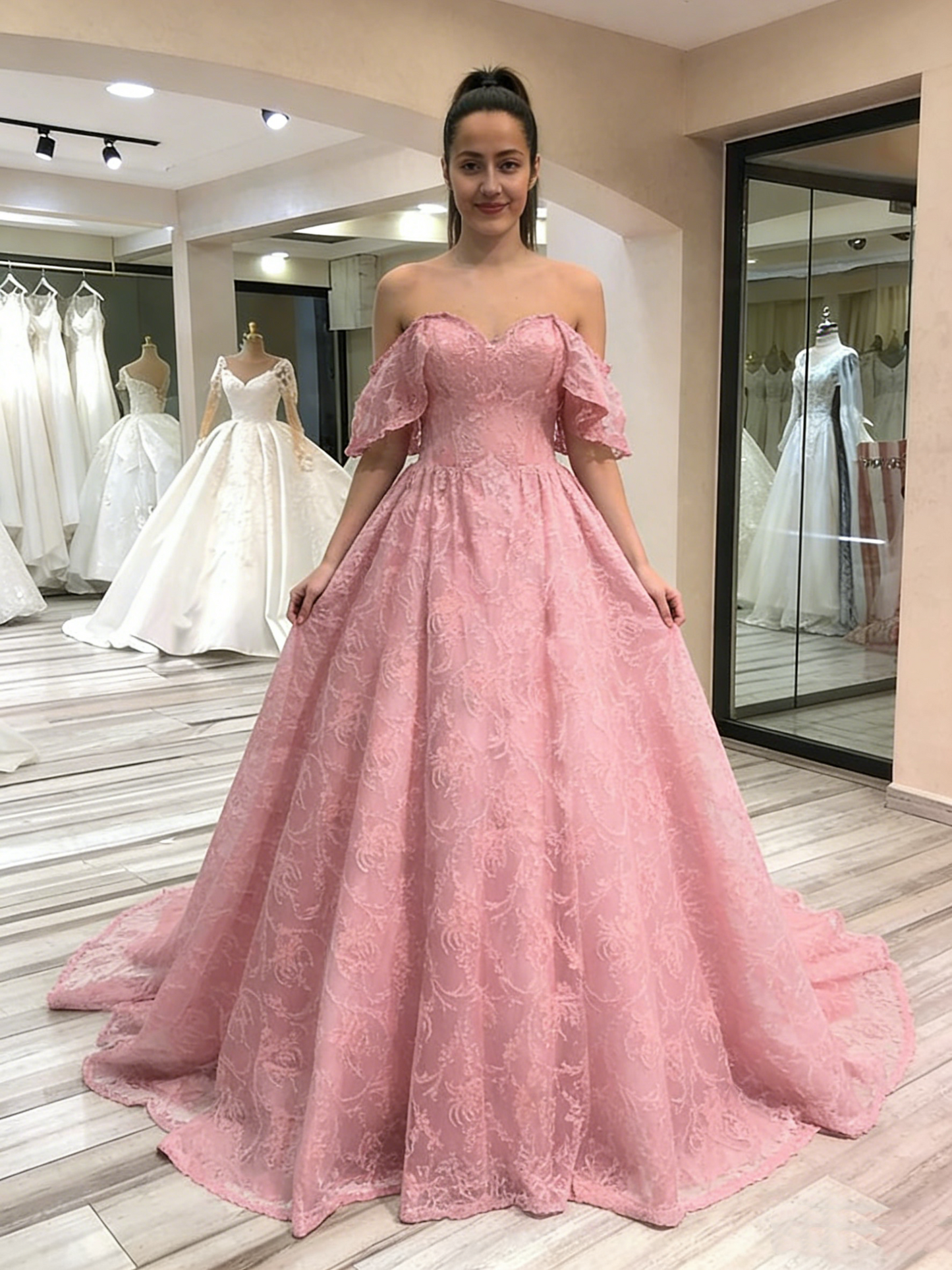 Elegant Lace Off-the-Shoulder Sweetheart Ball Gown Evening Gown DS3037