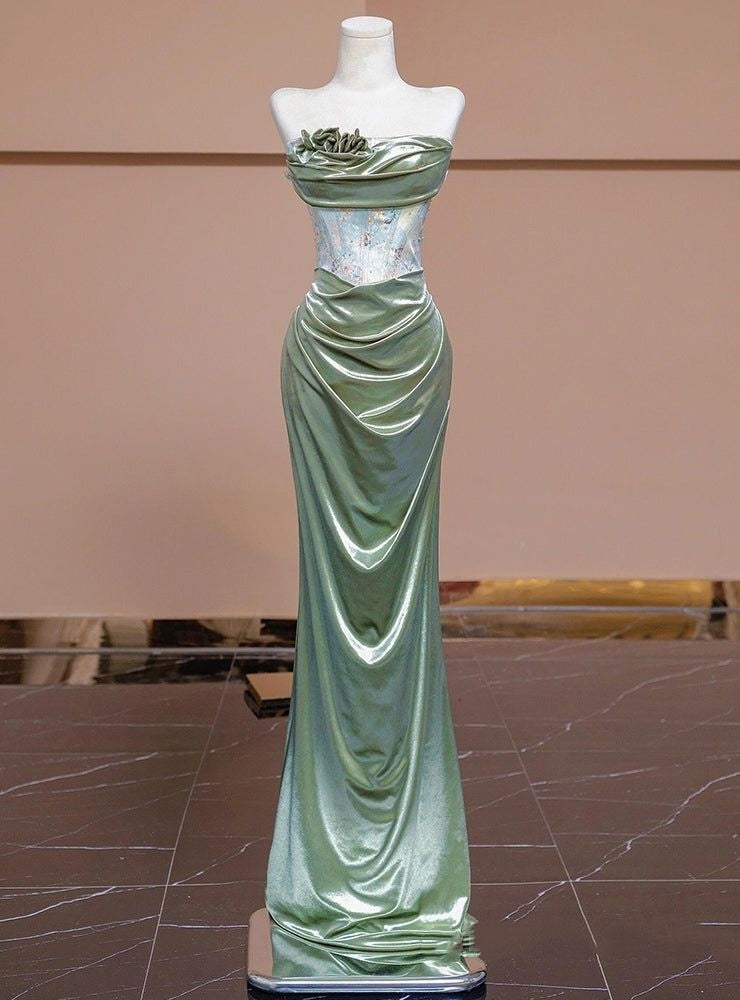 Elegant Sage Green Satin Strapless Mermaid Sequin 3D Floral Evening Gown DP8555