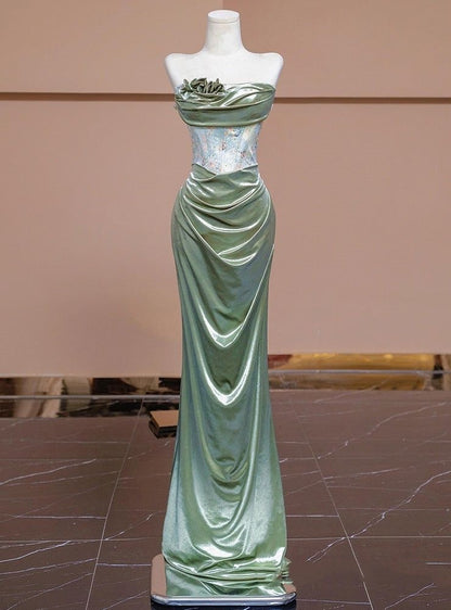 Elegant Sage Green Satin Strapless Mermaid Sequin 3D Floral Evening Gown DP8555
