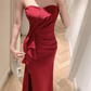 Elegant Burgundy Strapless Prom Dress Sheath High Slit Ruffled Evening Gown DP7097
