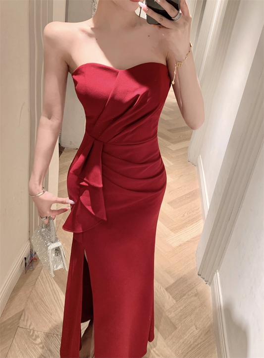 Elegant Burgundy Strapless Prom Dress Sheath High Slit Ruffled Evening Gown DP7097