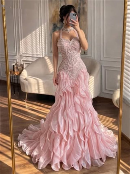 Glamorous Pink Mermaid Evening Gown Lace Appliques Ruffled Halter Neck Prom Dress DP8413