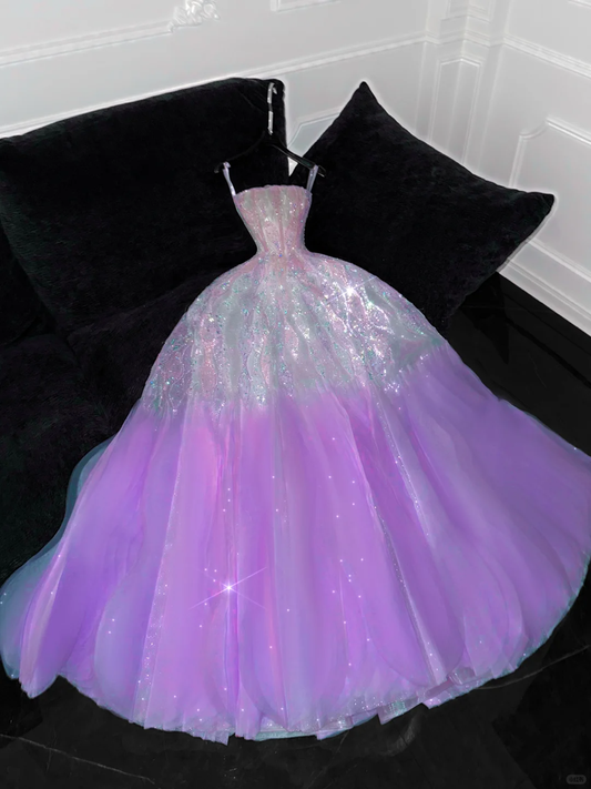 Gorgeous Purple Shiny Sequin Princess Dress Elegant A-Line Floor-length Evening Dress Prom Dresses DP6196