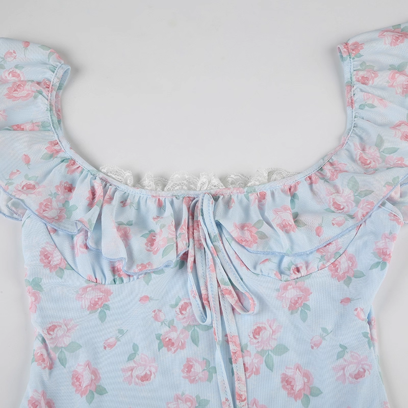 Cute Light Blue Floral Square-neck A-Line Short Summer Dresses Party Dress Homecoming Dress DP6343