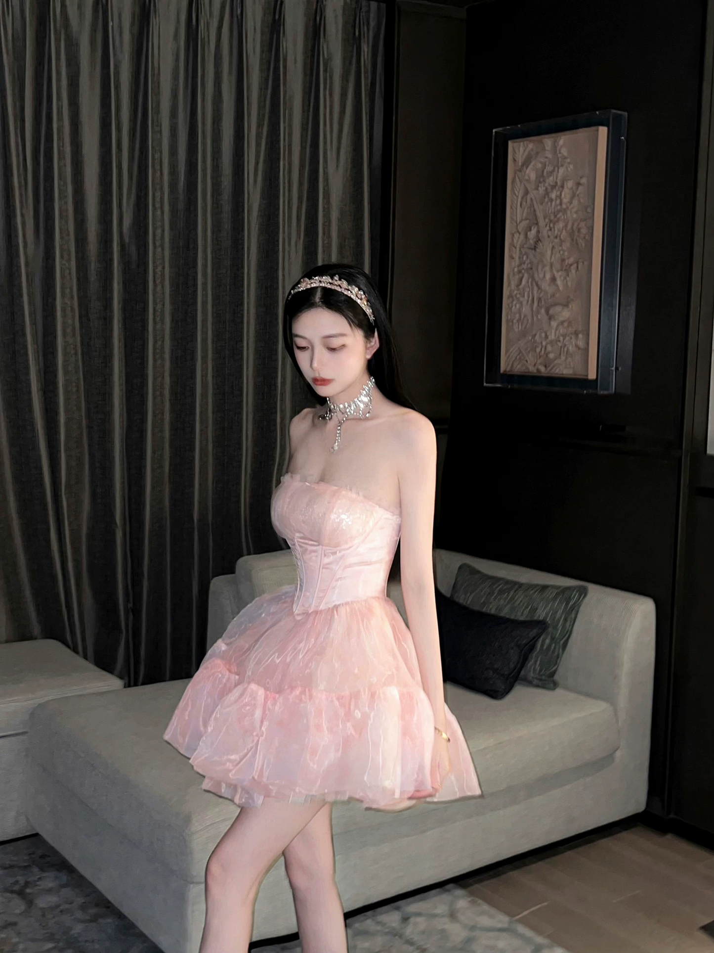 Elegant Pink Strapless Tulle Ruffle A-Line Homecoming Dress DP8818