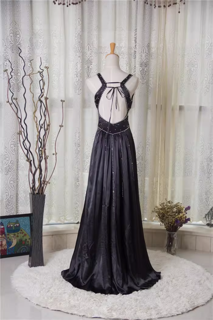 Glamorous Black Sleeveless Evening Gown Beaded Bodice A-Line Satin Prom Dress DP7607