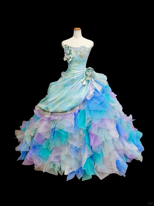 Enchanting Pastel Rainbow Strapless 3D Floral Applique & Ruffled Tulle Sweet 16 Quinceanera Ball Gown DP7274