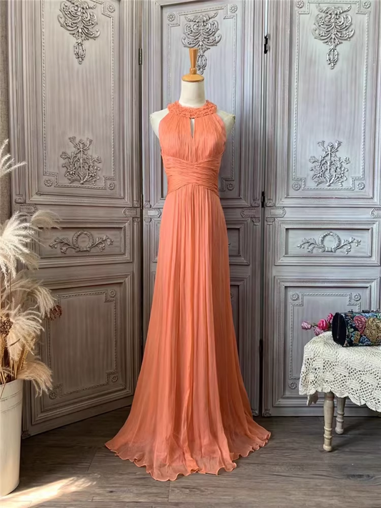 Vintage korallenfarbenes Chiffon-Abendkleid mit Neckholder und Raffungen, formelles Maxikleid, Ballkleid DP7591