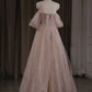 Pink Off Shoulder A-Line Tulle Long Prom Dress Evening Gown DP3965