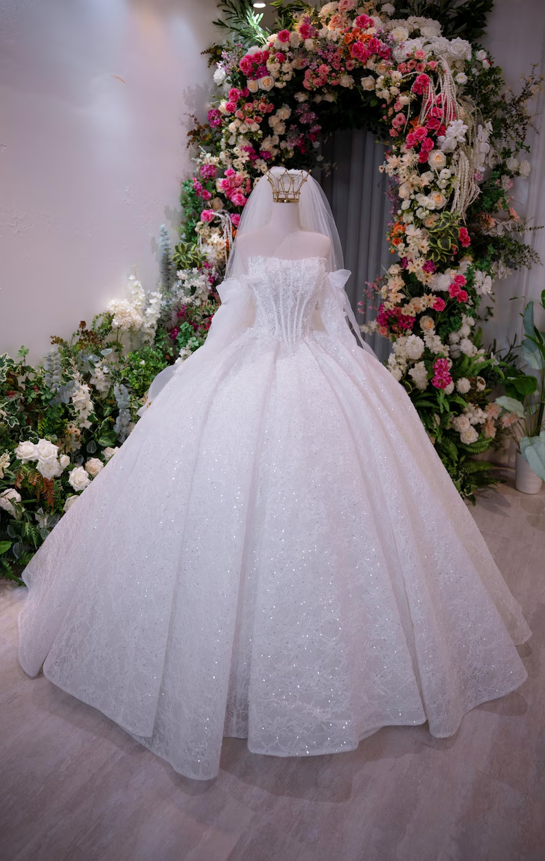 Elegant Off-the-Shoulder Glitter Lace A-Line Wedding Dress DP8391
