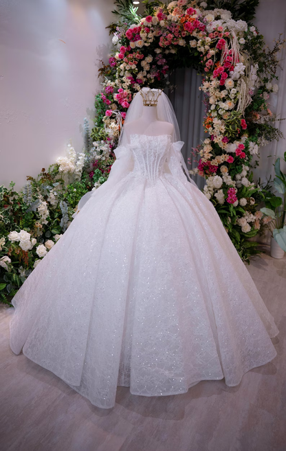 Elegant Off-the-Shoulder Glitter Lace A-Line Wedding Dress DP8391