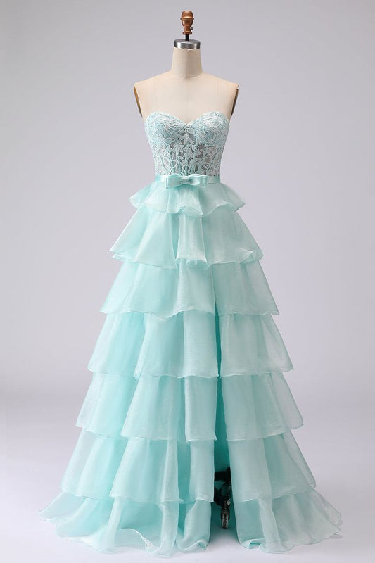 Vintage Strapless Lace Prom Dress Tiered Ruffle Evening Gown DP8265