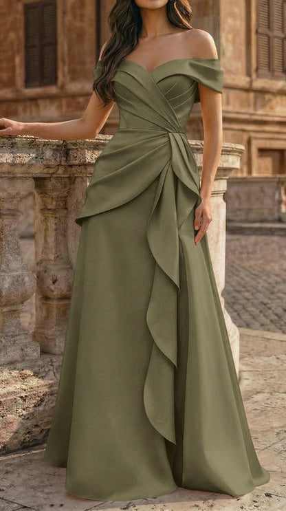 Elegant Olive Green Off-the-Shoulder A-Line Ruffle Evening Dress DP8531