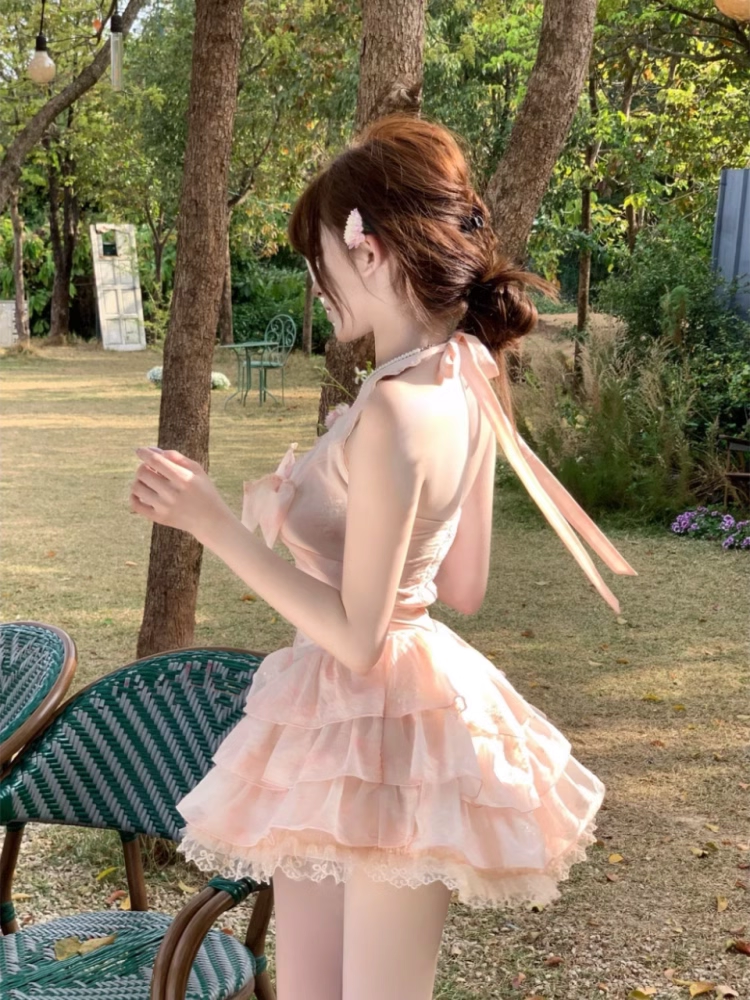 Vintage Pink A-Line Halter-neck Tiered Homecoming Dress Party Dress Cocktail Dress DP6708