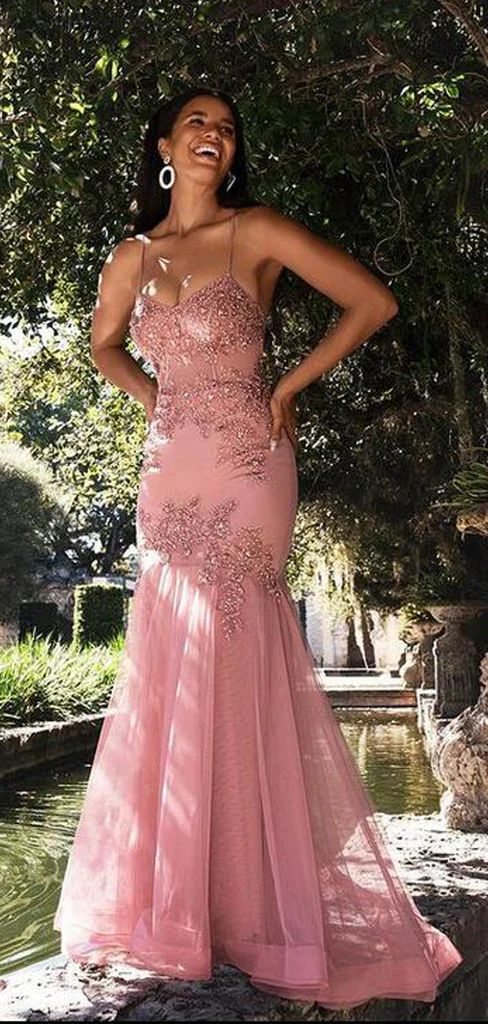 Sexy Pink Mermaid Spaghetti Straps Maxi Long Prom Dresses Evening Dresses,DP0225