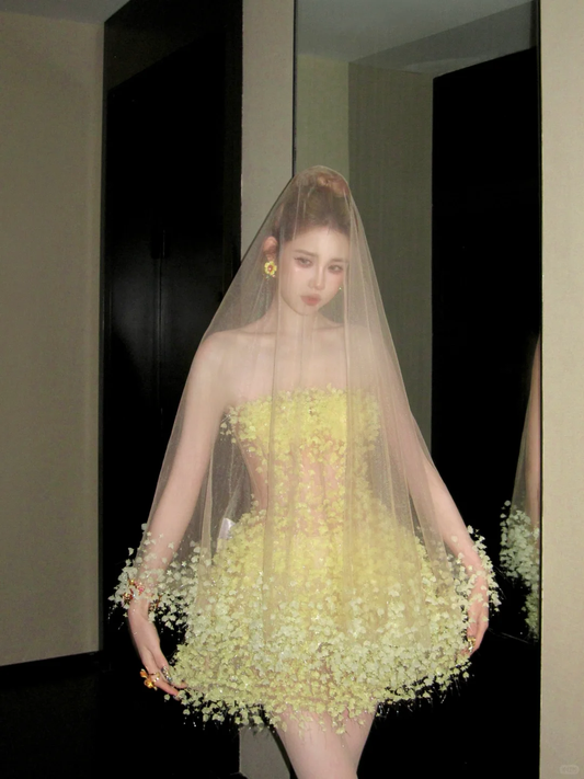 Fashion Yellow Sequined Strapless A-Line Veil Design Tulle Party Dress Homecoming Dress DP6246