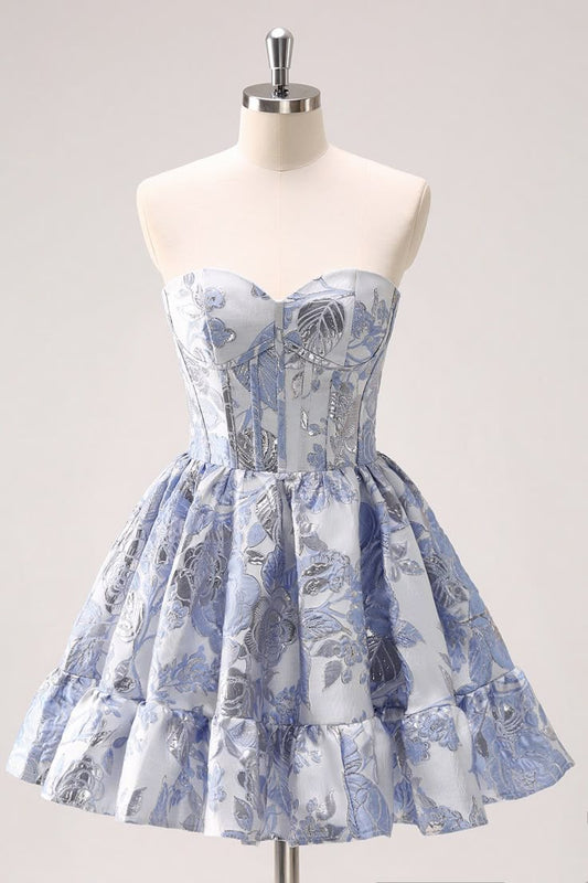 Retro Fashion Blue Corset Design Strapless Mini Party Dress  Floral Homecoming Dress, DP5819