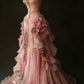 Chic Romantic Pink 3D Rose Appliques Tiered Ruffles Beaded Evening Gown DP7167