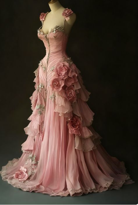 Chic Romantic Pink 3D Rose Appliques Tiered Ruffles Beaded Evening Gown DP7167