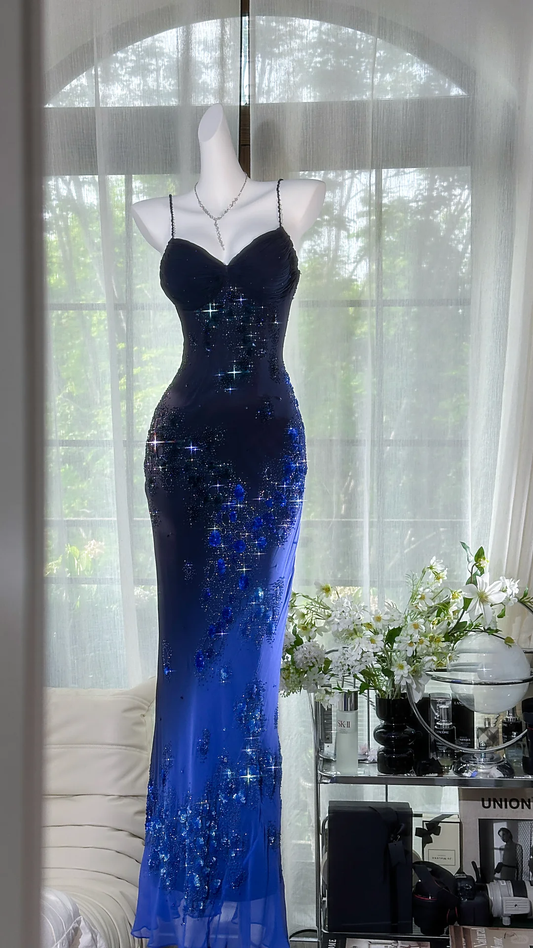 Vintage Navy Blue Glittering Beaded V-neck Mermaid Prom Dress Evening Dress DP6358