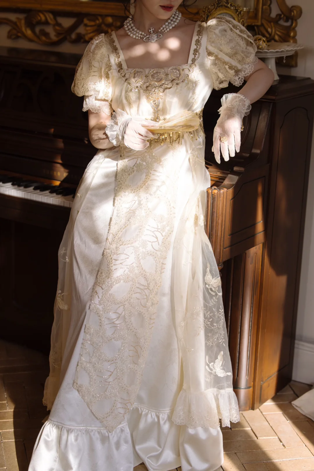 Elegant Cream Lace & Sequin Puffy Sleeves Evening Dress Prom Dress DP8117