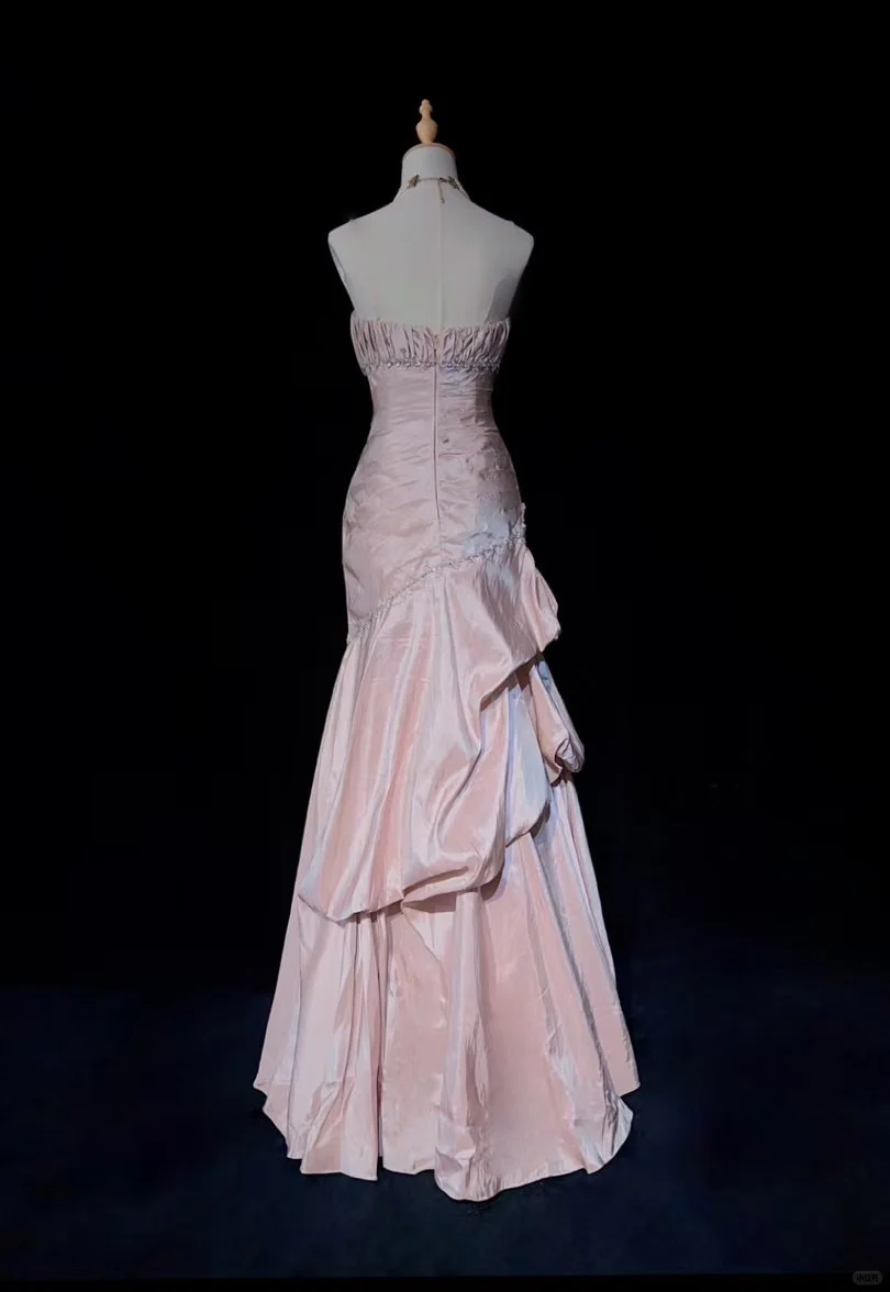 Gorgeous Pink Satin Beaded Prom Dress Mermaid Strapless Ruffled Evening Gown DP7112