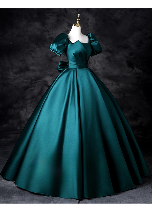 Vintage Dark Green Satin Prom Dress A-Line Evening Gown Puffy Sleeves Party Dress Long Formal Dress DP6918