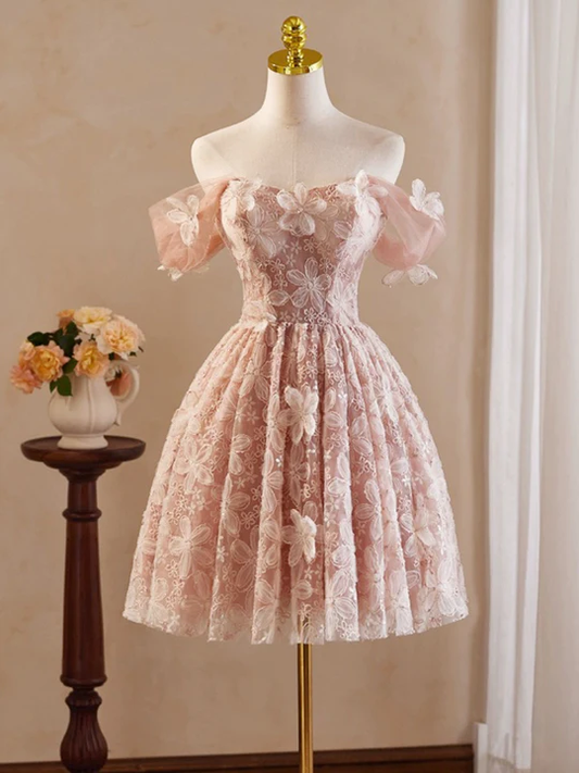 Retro Pink Applique Off-the-shoulder Design A-line Tulle Party Dress Homecoming Dress DP6067