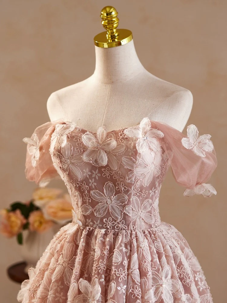 Retro Pink Applique Off-the-shoulder Design A-line Tulle Party Dress Homecoming Dress DP6067